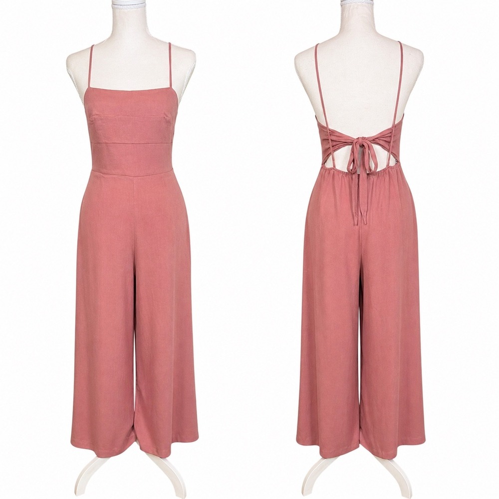 Jun & Ivy Mauve Pink Linen Blend Cutout Tie Back Wide Leg Jumpsuit Mโ Pockets